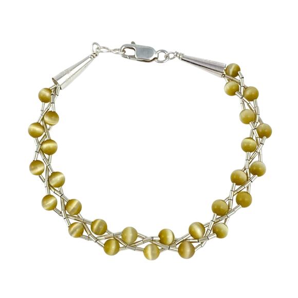 Sterling Liquid Silver 925 Cone Tip Braided Gold Synthetic Cat's Eye Bracelet 7" - Picture 1 of 5